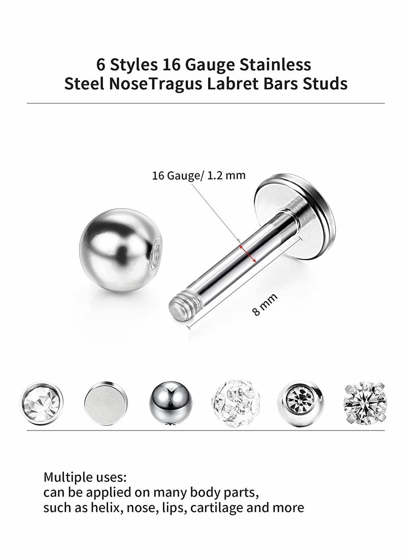 Excefore - 6 Pairs Stainless Steel Nose Studs Tragus Bars Labret Bars Crystal Ball Body Piercing Jewelry, Nose Lips Piercing Assorted Design Piercing Jewelry, 6 Designs, 16 Gauge - Image 1