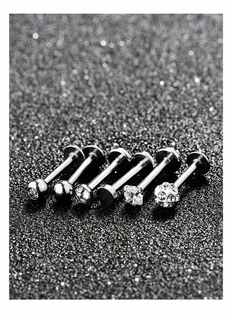 Excefore - 6 Pairs Stainless Steel Nose Studs Tragus Bars Labret Bars Crystal Ball Body Piercing Jewelry, Nose Lips Piercing Assorted Design Piercing Jewelry, 6 Designs, 16 Gauge - Image 1