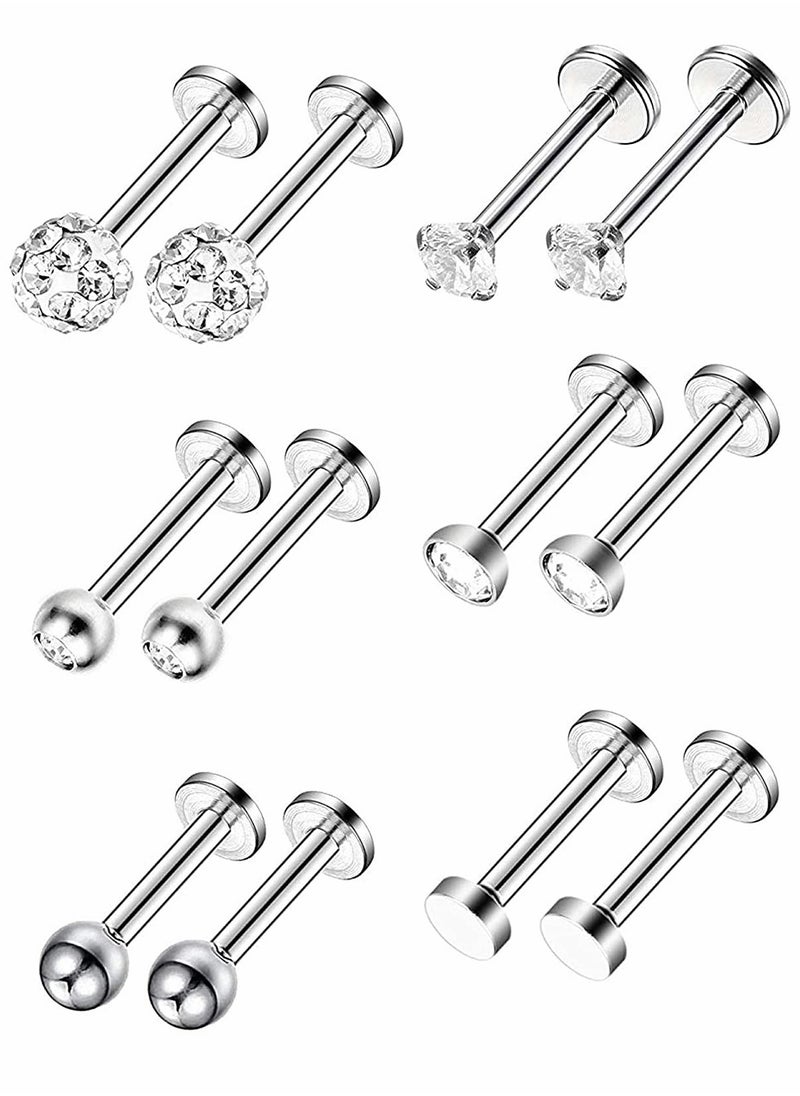 Excefore - 6 Pairs Stainless Steel Nose Studs Tragus Bars Labret Bars Crystal Ball Body Piercing Jewelry, Nose Lips Piercing Assorted Design Piercing Jewelry, 6 Designs, 16 Gauge - Image 1