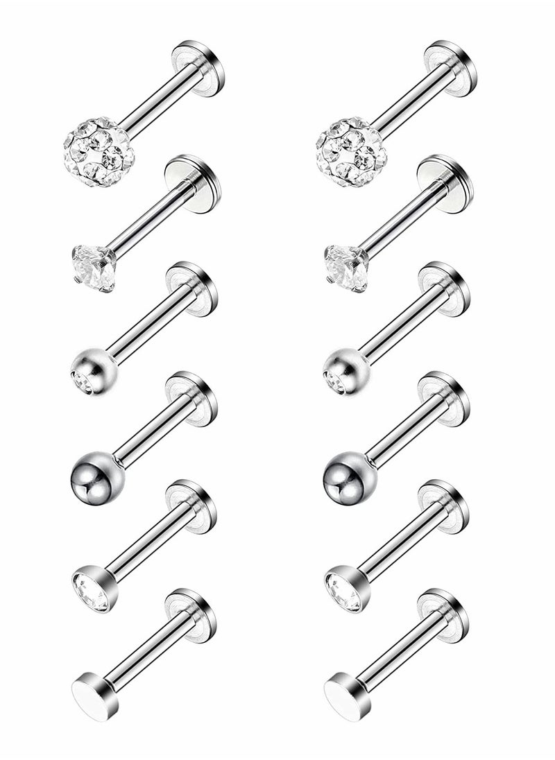 Excefore - 6 Pairs Stainless Steel Nose Studs Tragus Bars Labret Bars Crystal Ball Body Piercing Jewelry, Nose Lips Piercing Assorted Design Piercing Jewelry, 6 Designs, 16 Gauge - Image 1