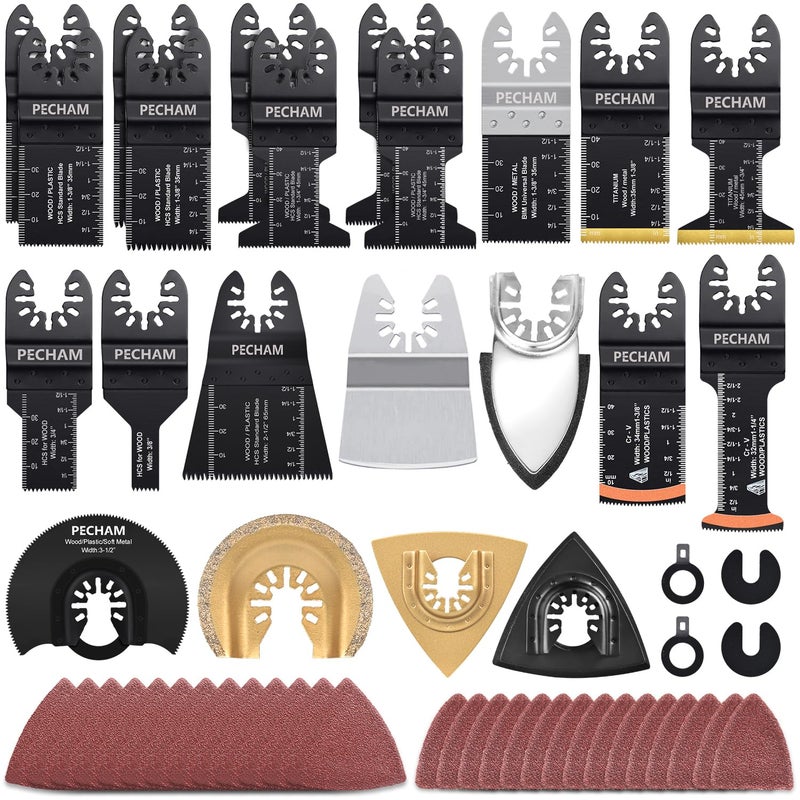 PECHAM 104 Pcs Oscillating Multi Tool Blade, Wood Metal Cutting and Sandpaper Oscillating Tool Accessories with Titanium Quick Tooth Japanese Tooth Multitool Blade Fit More Oscillating Tools - Image 1