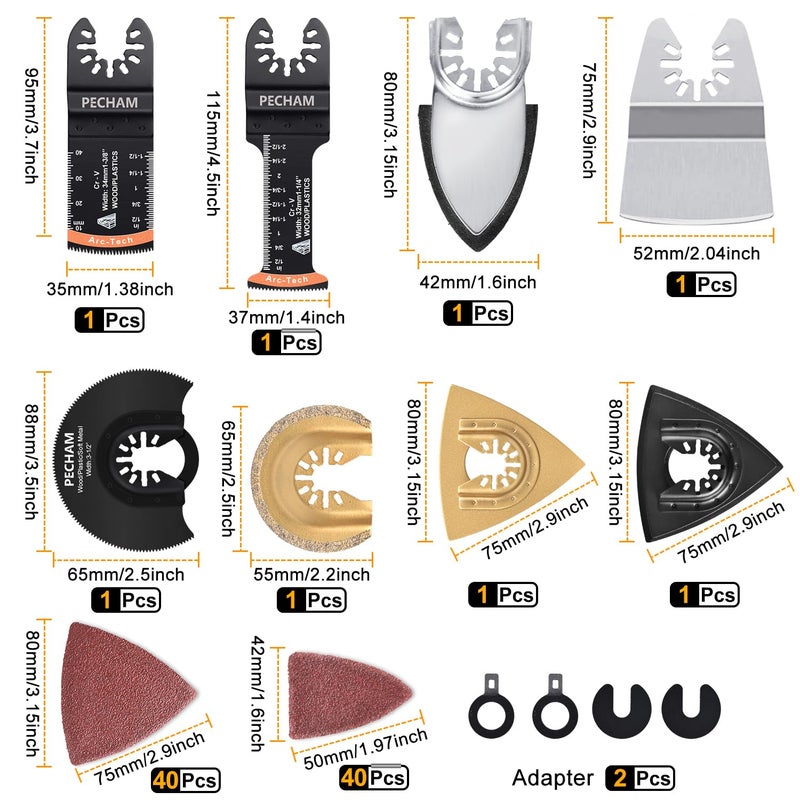 PECHAM 104 Pcs Oscillating Multi Tool Blade, Wood Metal Cutting and Sandpaper Oscillating Tool Accessories with Titanium Quick Tooth Japanese Tooth Multitool Blade Fit More Oscillating Tools - Image 4