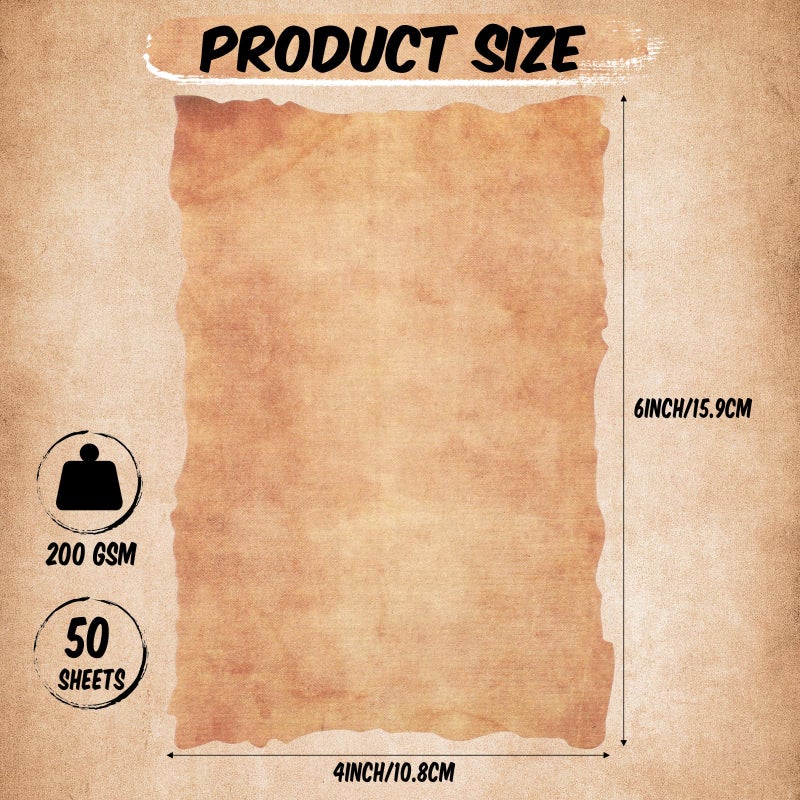 Harloon 50 Pcs Vintage Old Looking Cotton Watercolor Paper Cardstock Blank 200 GSM Thick Antiqued Deckle Edge Virgin Paper for Drawing Writing Printing Invitations Greeting (4x6 Inch) - Image 2