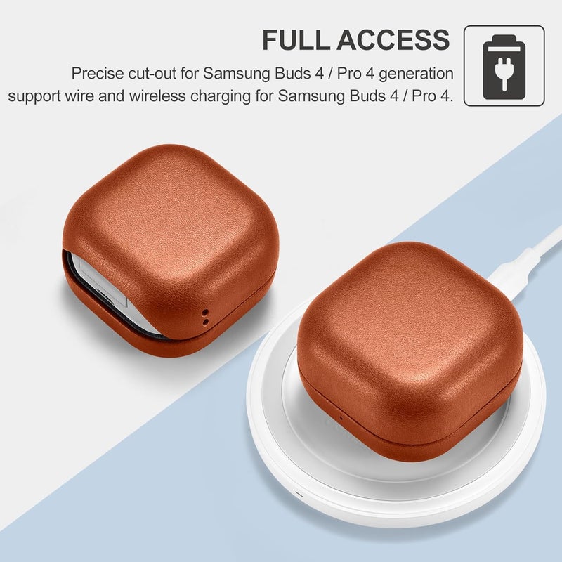 آيكيرير حافظة جلدية لسماعات Galaxy Buds 4/4 Pro 2026، من مادة الجلد الأصلي عالي الجودة من ، حافظة واقية مقاومة للصدمات، مزودة بشاحن لاسلكي مرئي بإضاءة LED (لون بني) - Image 4