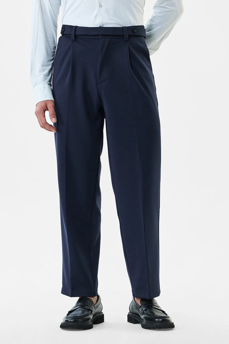 سنيتش Navy Blue Textured Relaxed Formal Trousers