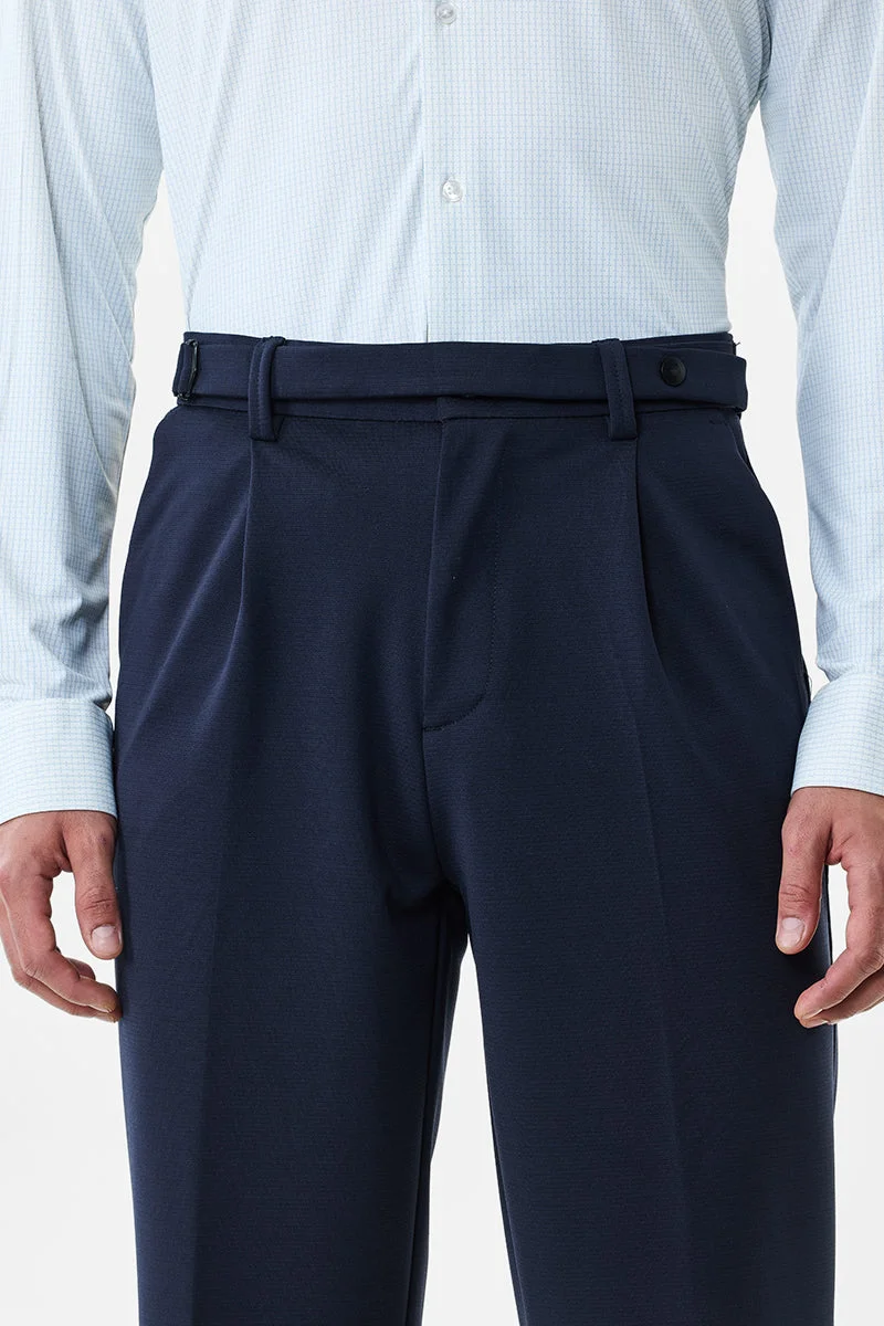 سنيتش Navy Blue Textured Relaxed Formal Trousers