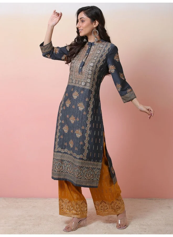 أيه كيه إس Grey Foil printed Kurta set with Mustard palazzo