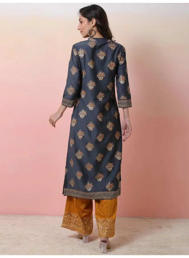 أيه كيه إس Grey Foil printed Kurta set with Mustard palazzo