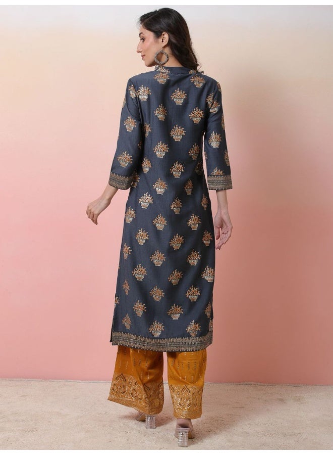 AKS Grey Foil printed Kurta set with Mustard palazzo - Image 5