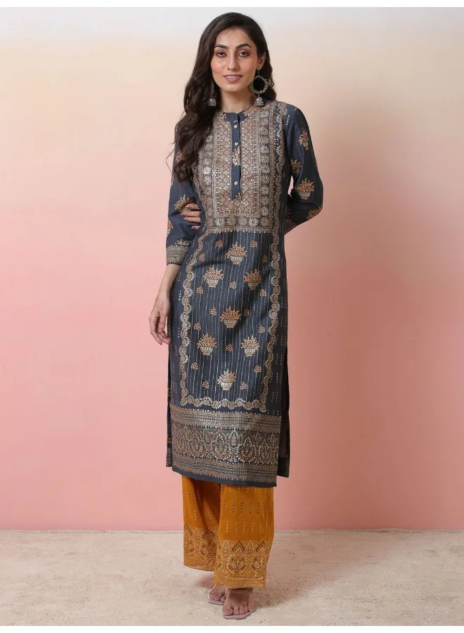 AKS Grey Foil printed Kurta set with Mustard palazzo