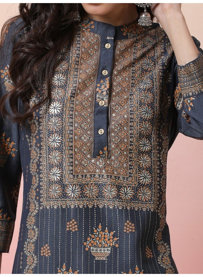 AKS Grey Foil printed Kurta set with Mustard palazzo - Image 2