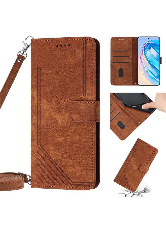 اس-توب جراب هاتف Honor X7a 4G Global Skin Feel مخطط من الجلد مع حبل تعليق - Image 1