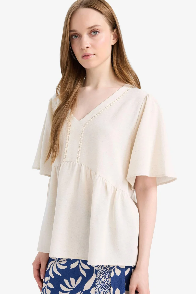 ديفاكتو Regular Fit V Neck Linen Blend Long Sleeve Blouse