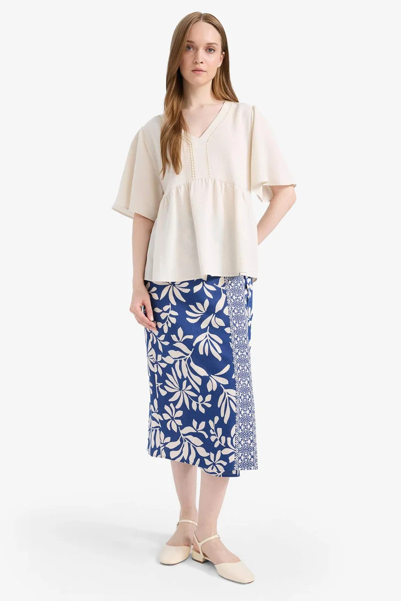 ديفاكتو Regular Fit V Neck Linen Blend Long Sleeve Blouse
