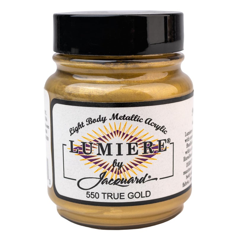 Jacquard Lumiere 2.25oz Fabric Paint True Gold - Metallic Paint for Fabric, Leather, Canvas, Paper and Wood - Light-bodied Metallic Acrylic Paint - Lightfast & Vibrant Metallic Acrylic Paints - Image 1