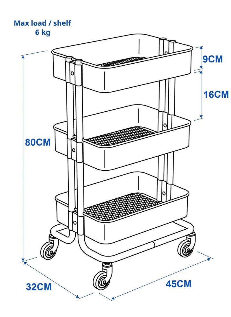 3-Tier Rolling Metal Storage Organizer, Mobile Utility Cart, Multi-Functional Storage Cart for Kitchen with Lockable 360°Caster Wheels White