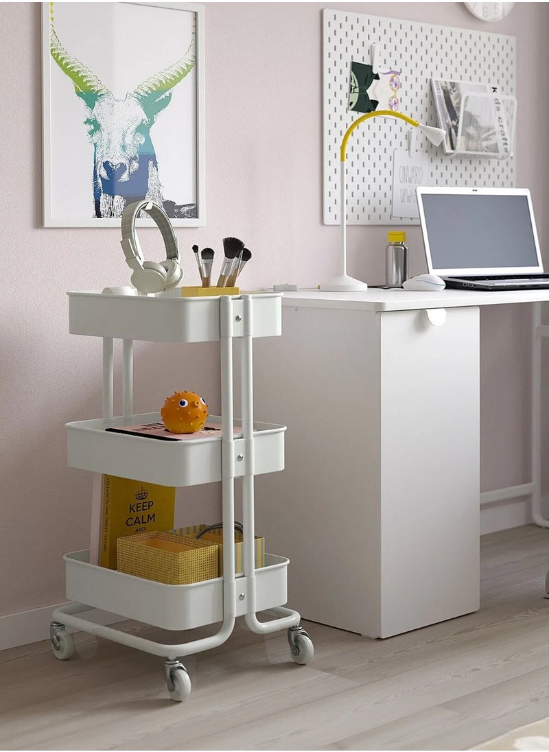 3-Tier Rolling Metal Storage Organizer, Mobile Utility Cart, Multi-Functional Storage Cart for Kitchen with Lockable 360°Caster Wheels White