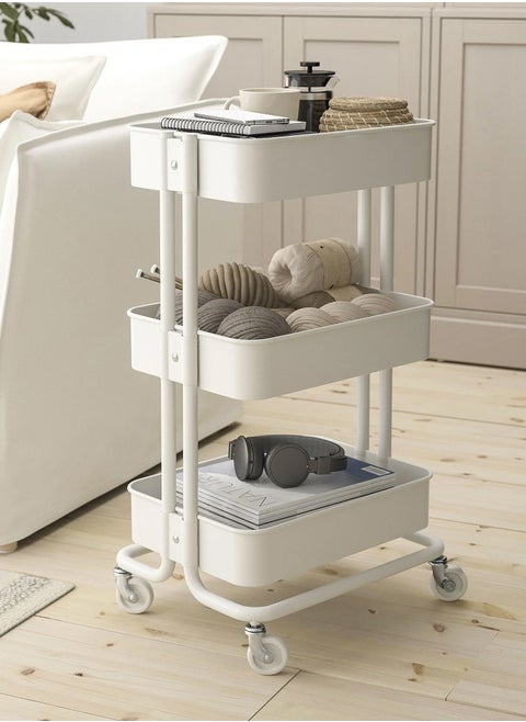 3-Tier Rolling Metal Storage Organizer, Mobile Utility Cart, Multi-Functional Storage Cart for Kitchen with Lockable 360°Caster Wheels White