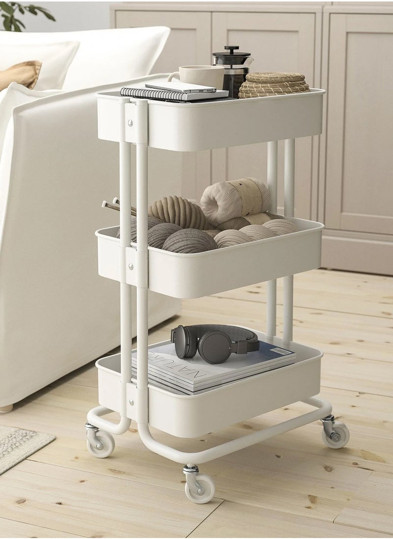 3-Tier Rolling Metal Storage Organizer, Mobile Utility Cart, Multi-Functional Storage Cart for Kitchen with Lockable 360°Caster Wheels White