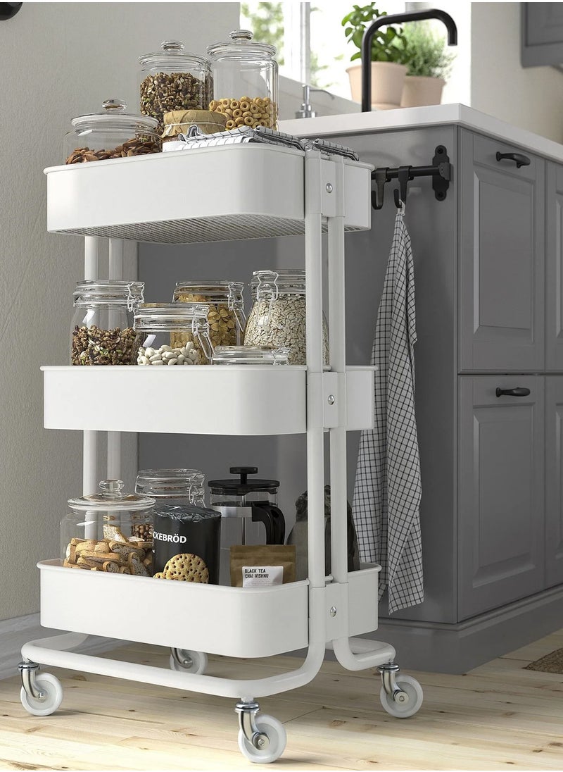 3-Tier Rolling Metal Storage Organizer, Mobile Utility Cart, Multi-Functional Storage Cart for Kitchen with Lockable 360°Caster Wheels White