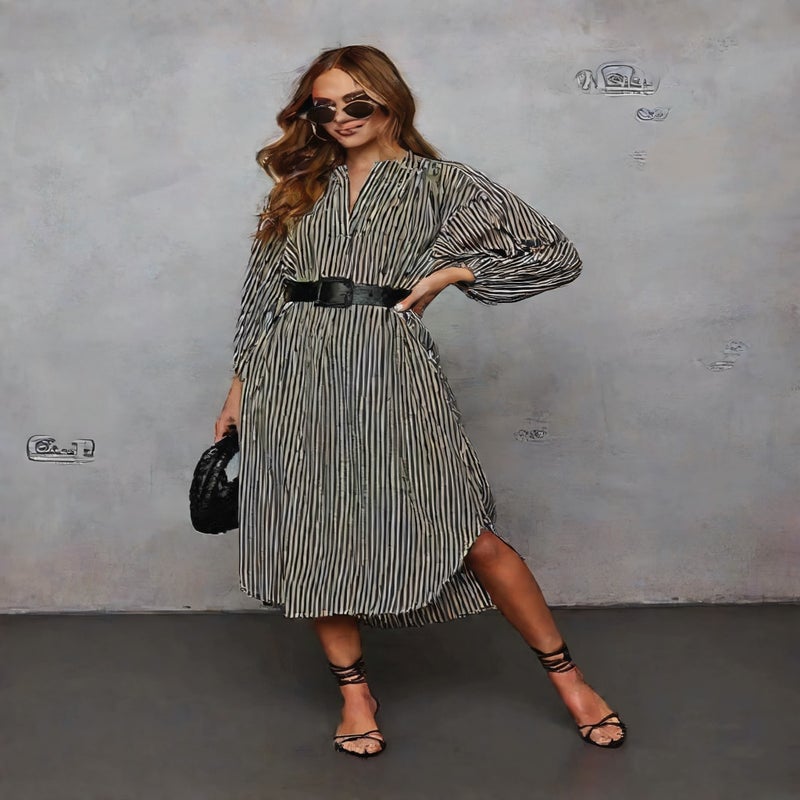 Women's V-Neck Loose Striped Belt Shirt Dress - Image 1