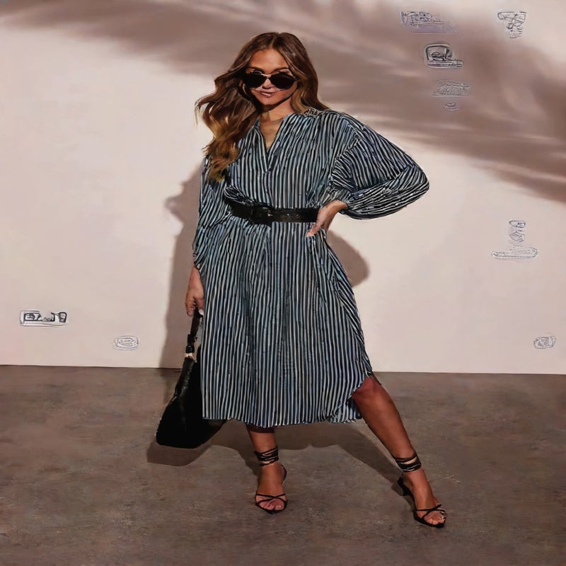 Women's V-Neck Loose Striped Belt Shirt Dress - Image 2