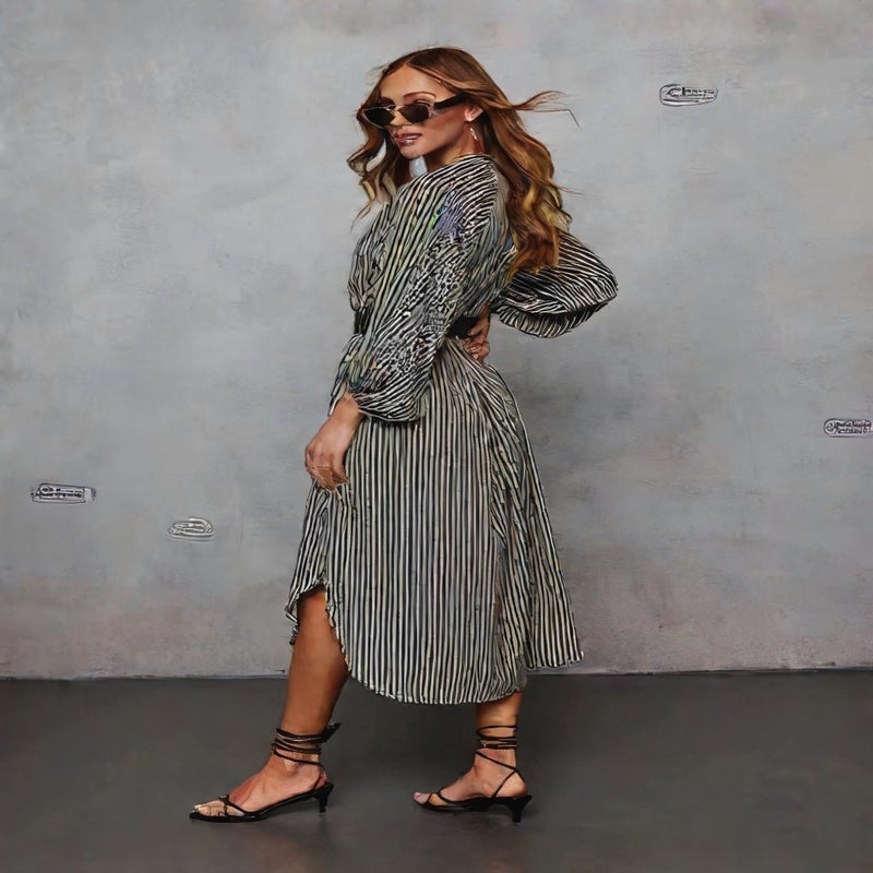 Women's V-Neck Loose Striped Belt Shirt Dress - Image 3