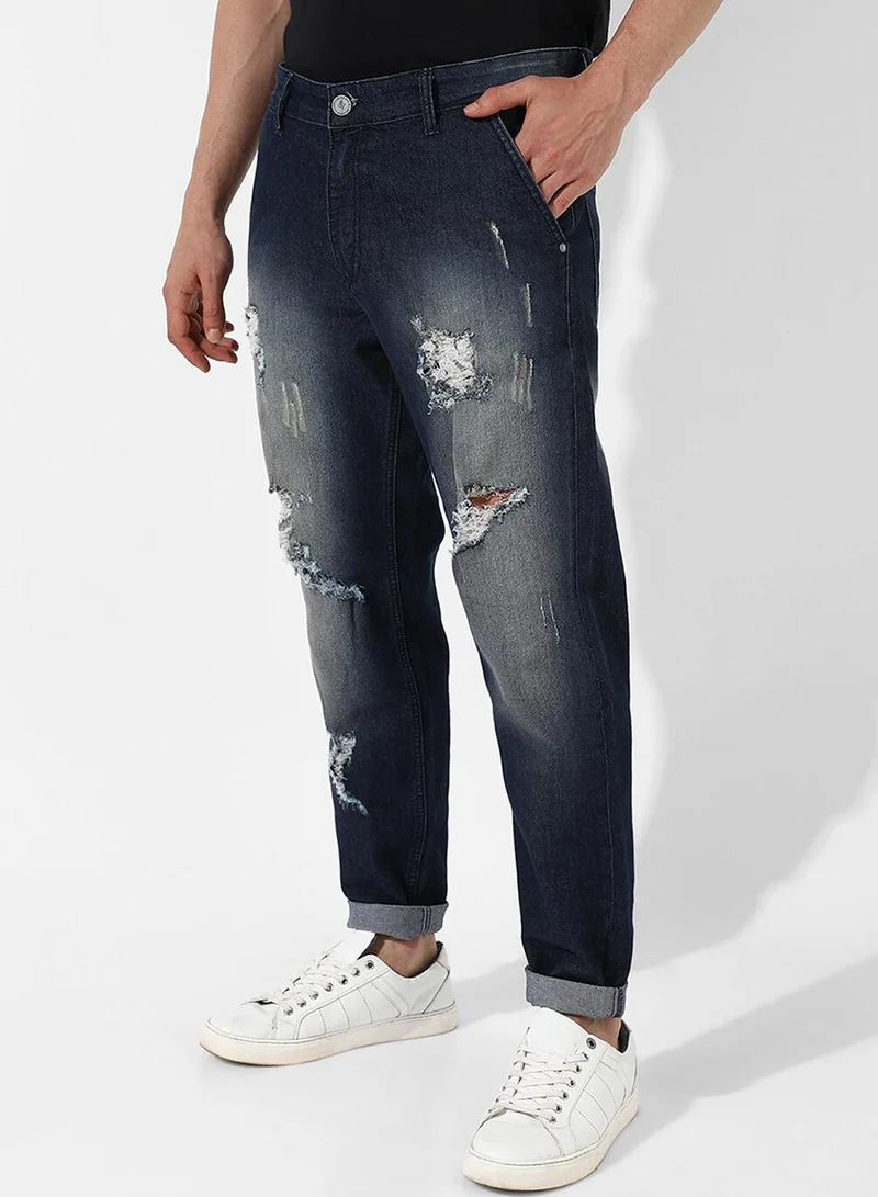 Campus Sutra Campus Sutra Men's Dark Blue Ripped Dark-Wash Denim Jeans | Stretchable Cotton Mid-Rise Denim Jeans Crafted With Comfort Fit and High Performance For Everyday Wear