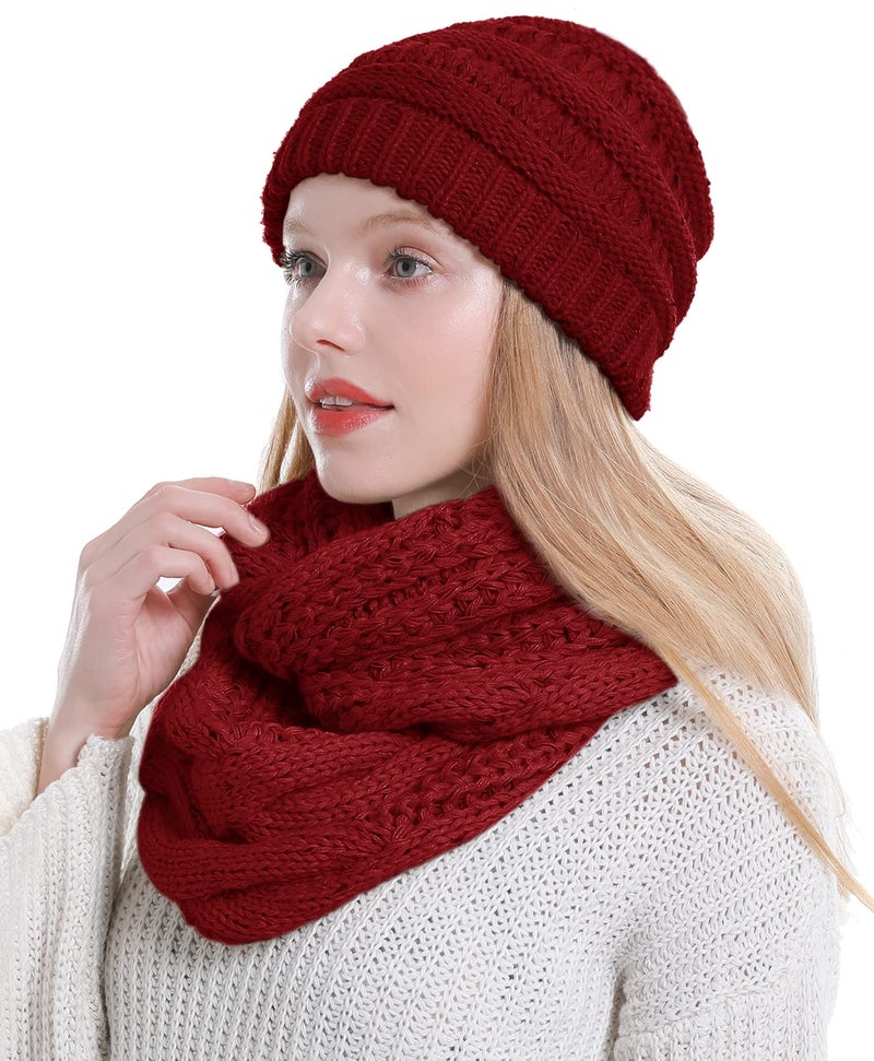 Double Couple Womens Scarf Beanie Hat Set Thick Winter Infinity Scarf Knit Scarfs for Women (Burgundy A) - Image 1