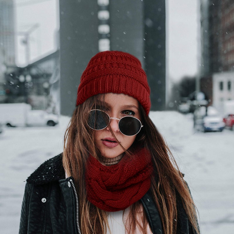 Double Couple Womens Scarf Beanie Hat Set Thick Winter Infinity Scarf Knit Scarfs for Women (Burgundy A) - Image 5