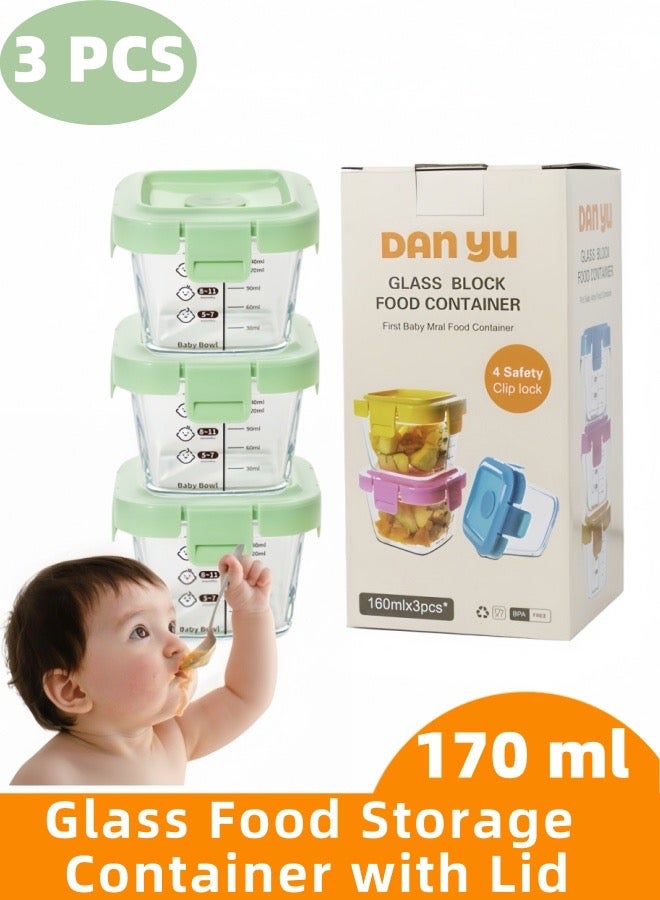 3 قطع علب طعام للأطفال سعة 170 مل، محكم الإغلاق ومانع للتسرب، عبوات زجاجية لتخزين الطعام مع غطاء، ملصق عليها ملصق قابل للذوبان في الميكروويف، عبوات طعام قابلة لإعادة الاستخدام مع أغطية، آمنة للغسل في غسالة الأطباق والفريزر (حليب الأم، ثلاجة) - Image 1