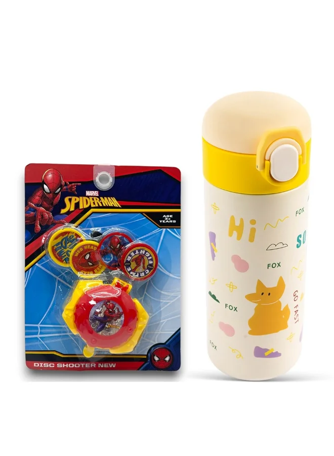 Cocobee COCOBEE Insulated Stainless Steel Water Bottle – Leakproof, 500ml, Odour-Free, Yellow (3+ Years) + Marvel Spider-Man Disc Shooter Toy for Kids