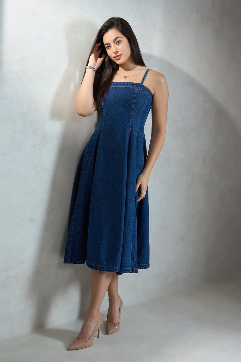 Virgio Solid Cotton Denim Banded Flared Dress for Women - Image 1