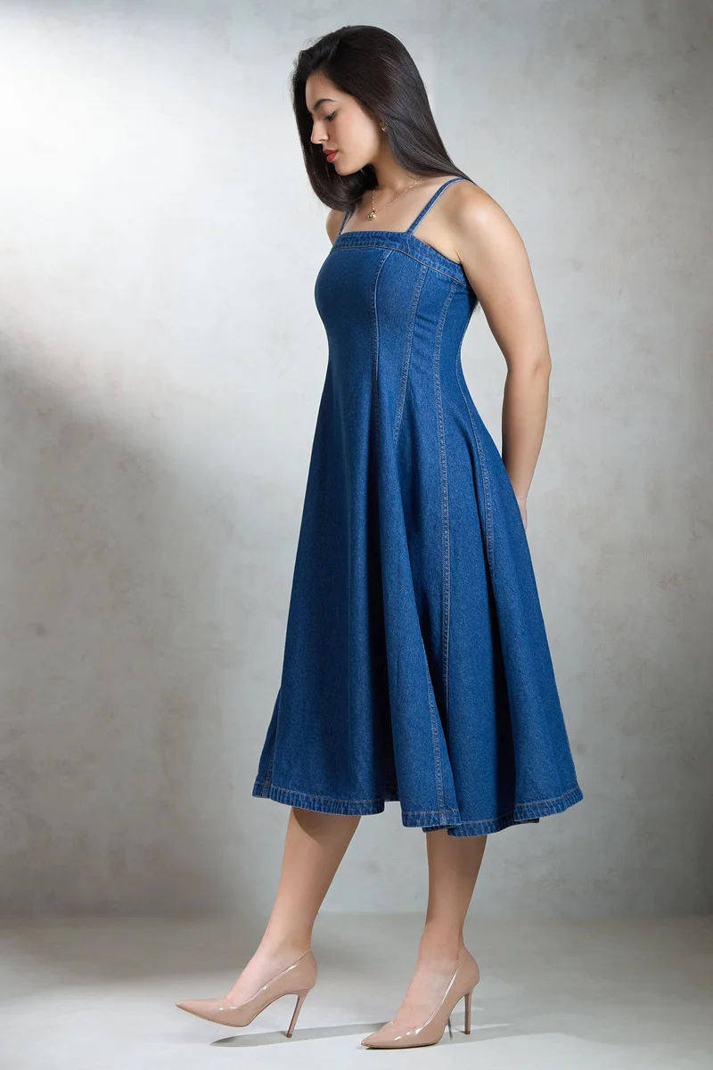 Virgio  Solid Cotton Denim Banded Flared Dress for Women for Women | Best Price UAE