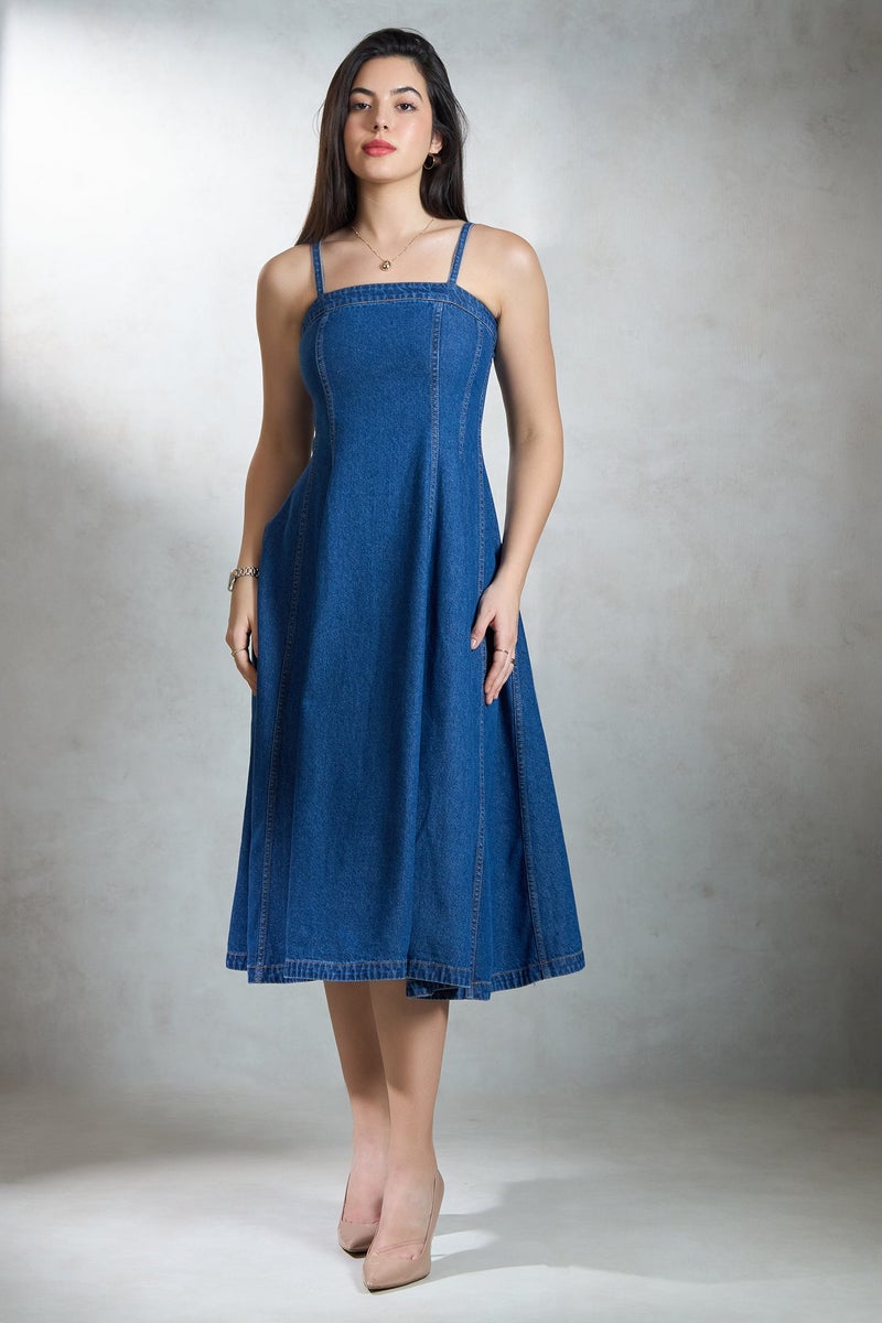 Virgio Solid Cotton Denim Banded Flared Dress for Women - Image 2