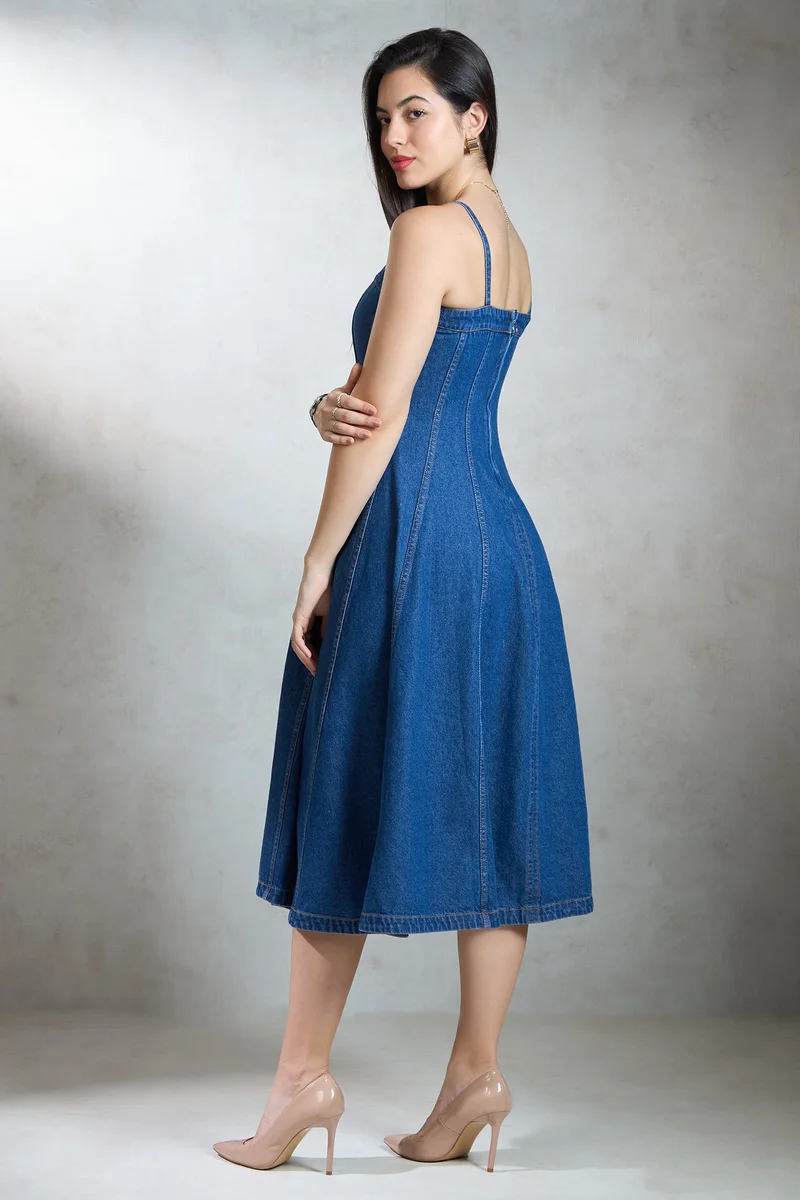 Virgio  Solid Cotton Denim Banded Flared Dress for Women for Women | Best Price UAE
