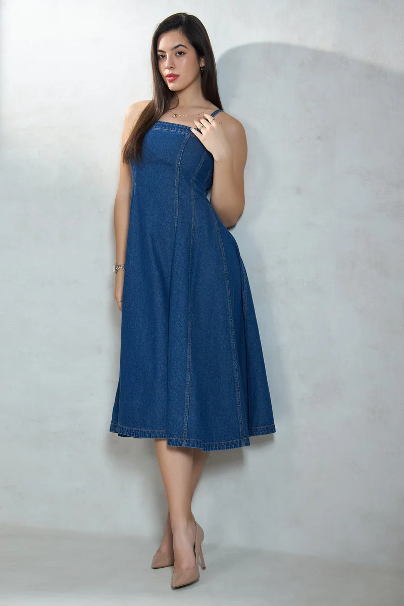Virgio  Solid Cotton Denim Banded Flared Dress for Women for Women | Best Price UAE