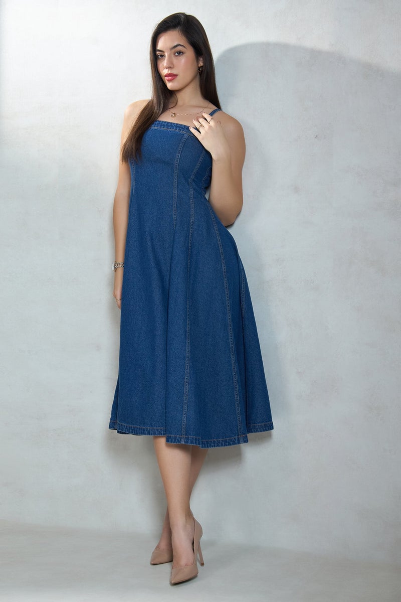 Virgio Solid Cotton Denim Banded Flared Dress for Women - Image 5