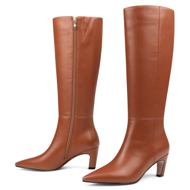 COLETER Women's Knee High Boots Pointed Toe Kitten Low Heel Tall Boots Comfortable Fall Winter Long Boots Brown 7.5US - Image 1