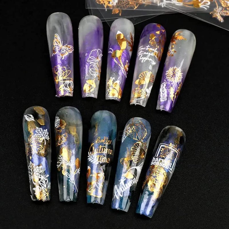 UCCASA 6 Sheets Fall Nail Decals Thanksgiving 3D Self-Adhesive Nail Stickers Autumn Maple Leaf Nail Art Supplies White Gold Flower Butterfly with Designs Fall Leaves Nail Art Stickers for Women Decoration - Image 5