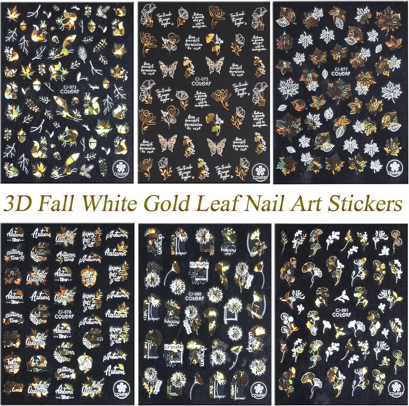 UCCASA 6 Sheets Fall Nail Decals Thanksgiving 3D Self-Adhesive Nail Stickers Autumn Maple Leaf Nail Art Supplies White Gold Flower Butterfly with Designs Fall Leaves Nail Art Stickers for Women Decoration - Image 3