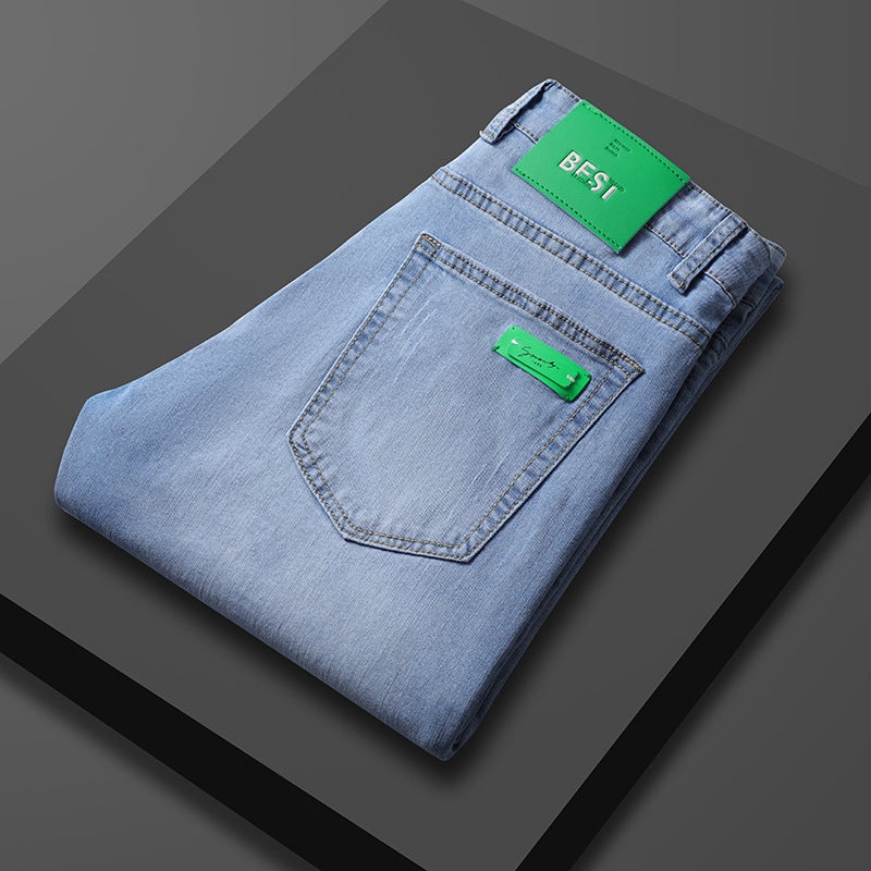 Generic Four Seasons regular jeans mens youth slim stretch straight casual mens pants 2023 New brushed white trousers men 303 light blue 