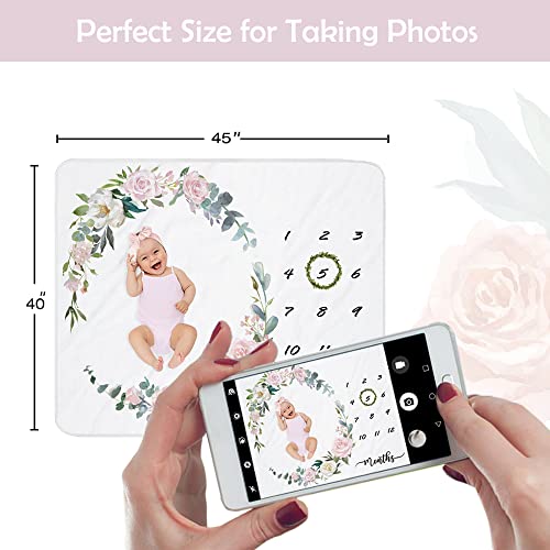 fundich Baby Milestone Blanket Girl|Newborn Monthly Milestone Blanket|Rose Nursery Decor|Baby Girl Photo Background Prop Picture Blanket with Wreath and Headband - Image 3