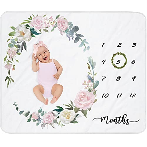 fundich Baby Milestone Blanket Girl|Newborn Monthly Milestone Blanket|Rose Nursery Decor|Baby Girl Photo Background Prop Picture Blanket with Wreath and Headband - Image 1