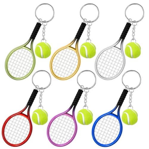 AUHOKY 6Pcs Mini Tennis Racket Keychain Key Ring, Fashionable Alloy Tennis Ball Split Ring, Sport Style Split Keychain for Sport Lovers Team - Exquisite & Lightweight(6 Colors) - Image 1