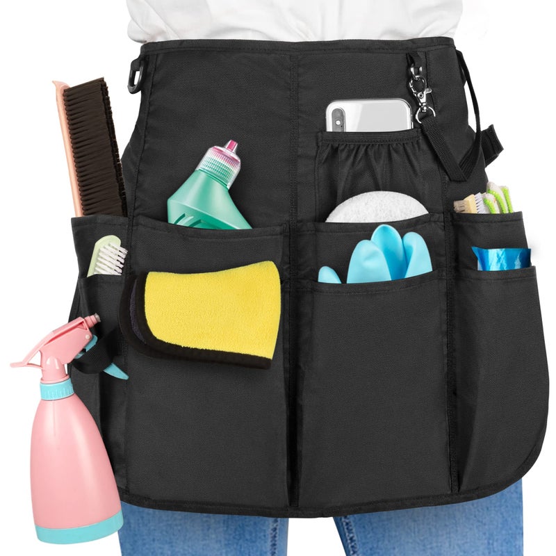 LoDrid Professional Cleaning Apron with 9 Pockets and Adjustable Waist Belt Cleaning Caddy Aprons for Cleaning Work of House Hotel Black