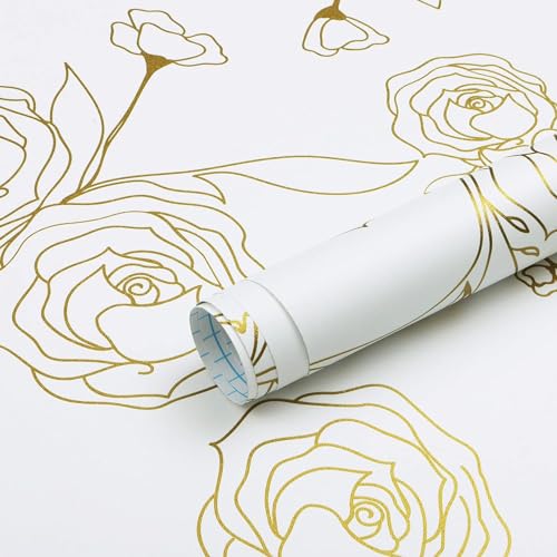 TEKCOOL 45 * 900 Peel and Stick Wallpaper Gold and White Contact Paper Floral Wallpaper Self Adhesive Removable Wallpaper for Bedroom Covering Vinyl Rolls(White & Gold) - Image 1