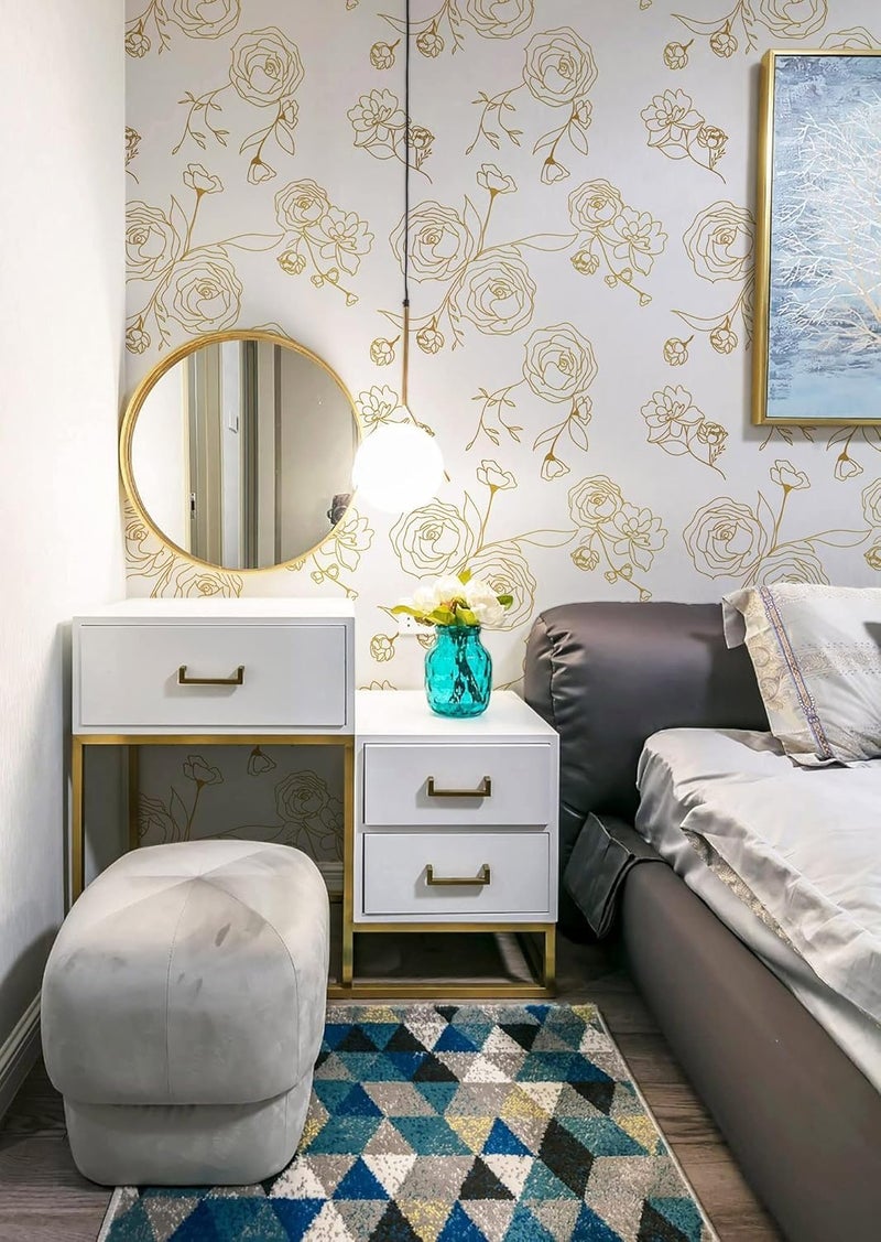 TEKCOOL 45 * 900 Peel and Stick Wallpaper Gold and White Contact Paper Floral Wallpaper Self Adhesive Removable Wallpaper for Bedroom Covering Vinyl Rolls(White & Gold) - Image 2