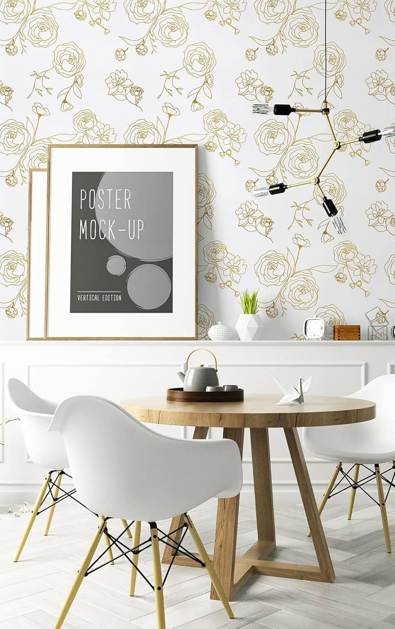 TEKCOOL 45 * 900 Peel and Stick Wallpaper Gold and White Contact Paper Floral Wallpaper Self Adhesive Removable Wallpaper for Bedroom Covering Vinyl Rolls(White & Gold) - Image 5