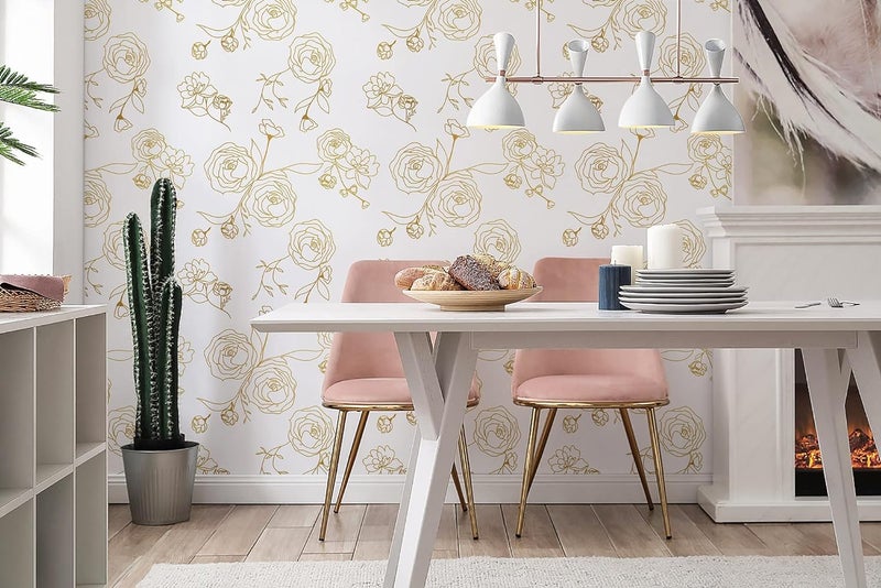 TEKCOOL 45 * 900 Peel and Stick Wallpaper Gold and White Contact Paper Floral Wallpaper Self Adhesive Removable Wallpaper for Bedroom Covering Vinyl Rolls(White & Gold) - Image 4